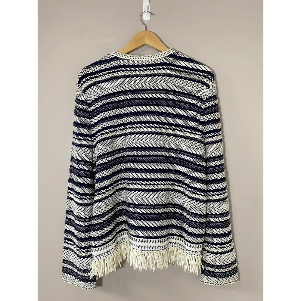 Tory Burch Payton Fringe Cardigan Navy Blue Ivory Stripe Blazer NWT Large $598